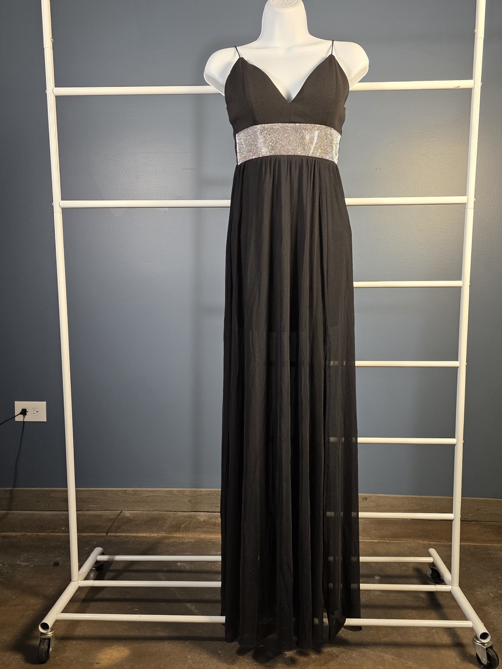 AKIRA Black Rhinestone Waist Maxi Dress S